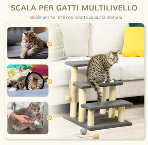 PawHut Tiragraffi Scaletta per Gatti a 3 Livelli, Pali in Juta e Pallina, 45x40x48cm, Grigio