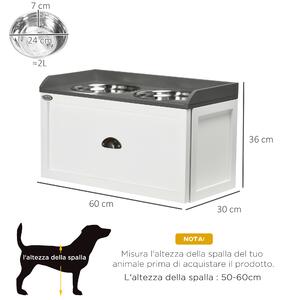 PawHut Ciotole per Cani Rialzate in Acciaio Inox e Legno con Cassetto, 60x30x36cm, Bianco e Grigio