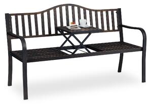 Panchina da giardino Relaxdays con tavolino ribaltabile, 3 posti, da giardino, in metallo, per balcone, L x P x A 89 x 150 x 58,5 cm, nero-bronzo