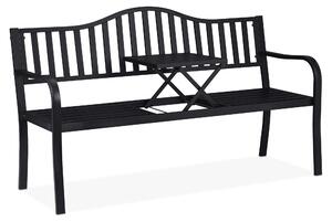 Panchina da giardino Relaxdays con tavolino ribaltabile, a 3 posti, robusta, da giardino, in metallo, per balcone, L x P x A 89 x 150 x 58,5 cm, nera