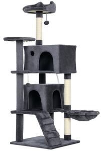PawHut Albero per Gatti Alto 140 cm con 2 Casette, Lettino e Amaca per 2-3 Gatti, Rivestimento Peluche, Grigio | Aosom Italy