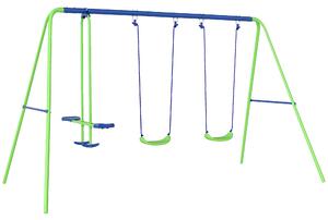 Outsunny Set Altalene da Giardino per 4 Bambini, 1 Altalena Doppia e 2 Altalene Singole, Metallo e PE, 280x140x178cm, Verde Blu|Aosom