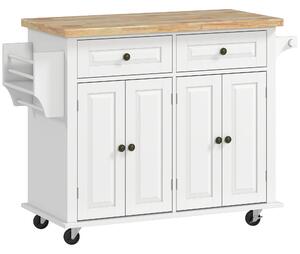 HOMCOM Carrello da Cucina in Legno Multifunzione Portavivande con Cassetti, Armadietti, Portaspezie e 4 Ruote,111x44.5x82.5cm, Bianco |Aosom