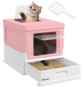 PawHut Lettiera per Gatti Chiusa in PP a 2 Porte con Paletta e Vassoio Estraibile, 47.5x35.5x36.7 cm, Rosa e Bianco
