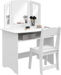 DecHome Set da Trucco per Bambini con Tavolo Toeletta, Specchio Triplo Rimovibile e Sedia in Legno colore Bianco