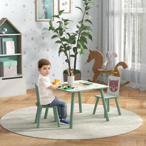 DecHome Set Tavolo e Sedie 3 Pezzi per Bambini da 3 Anni in MDF e Legno di Pino con Disegni di Animali colore Verde