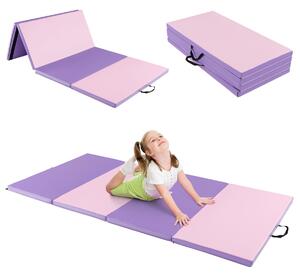 Costway Tappetino da ginnastica con 2 maniglie e 4 pannelli, Materassino pieghevole per yoga fitness allenamento Viola chiaro