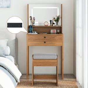 Costway Piccolo tavolo da trucco con 3 modalità di illuminazione e sgabello imbottito, Toeletta con specchio e luci Legno naturale