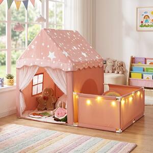Costway Tenda da gioco che si illumina al buio per bambini con recinto, 2 in 1 casetta gioco per bambini 3+ anni con porte traspiranti e luci delle stelle Rosa