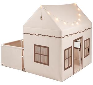 Costway Tenda per bambini da interno con recinzione con tappetino morbido luci decorative, Tenda da gioco a forma di casetta per bambini 3+ anni Marrone