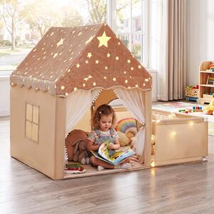 Costway Tenda da gioco che si illumina al buio per bambini con recinto, 2 in 1 casetta gioco per bambini 3+ anni con porte traspiranti e luci delle stelle Beige