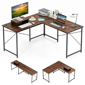 Costway Scrivania computer L 240 cm angolare convertibile supporto monitor, Tavolo ufficio 2 persone metallo robusto lavoro gioco Marrone
