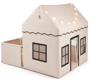 Costway Tenda per bambini da interno con recinzione con tappetino morbido luci decorative, Tenda da gioco a forma di casetta per bambini 3+ anni Beige