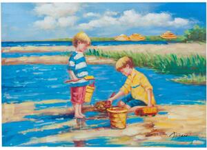Quadro olio su tela dipinto a mano bambini al mare