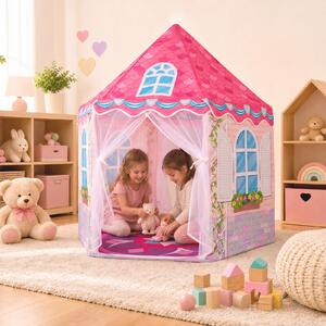 Costway Tenda per bambini 3+ anni con tappetino protettivo e 2 porte per cameretta, Capanna traspirante e lavabile Rosa