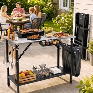 Costway Tavolo da barbecue pieghevole in acciaio con 1 ripiano regolabile, Tavolino da esterno per picnic e campeggio