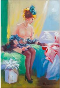 Quadro olio su tela dipinto a mano donna seduta su letto