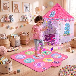 Costway Tenda per bambini 3+ anni a forma di casetta con tappeto da ballo, Tent da gioco in tessuto e rete per cameretta Rosa