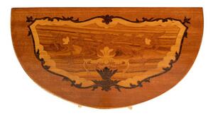 Tavolino Consolle a mezzaluna in legno impiallacciato noce arricchito con particolari intarsi fatti a mano e decori in bronzo