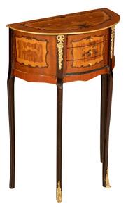 Tavolino Consolle a mezzaluna in legno impiallacciato noce arricchito con particolari intarsi fatti a mano e decori in bronzo