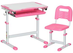 HOMCOM Set Tavolo e Sedie per Bambini 6-12 Anni con scrivania e Altezza Regolabile, Piano Inclinabile, 66x47x52-77 cm, Rosa|Aosom Italy