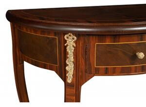 Tavolino Consolle in legno impiallacciato noce arricchito con particolari intarsi fatti a mano e decori in bronzo