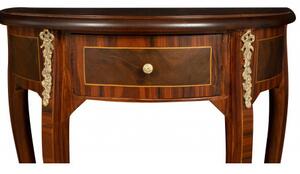 Tavolino Consolle in legno impiallacciato noce arricchito con particolari intarsi fatti a mano e decori in bronzo