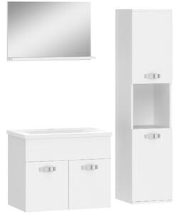 Kleankin Set Mobili Bagno da 4 Pezzi con Lavabo da 60cm in Ceramica, Mobiletto Bagno, Colonna Bagno e Specchiera, Bianco Effetto Legno Goffrato | Aosom Italy