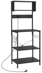 HOMCOM Scaffale da Cucina con Multipresa per Microonde con Ripiani e Ganci Stile Industriale, Legno e Acciaio, Nero | Aosom Italy