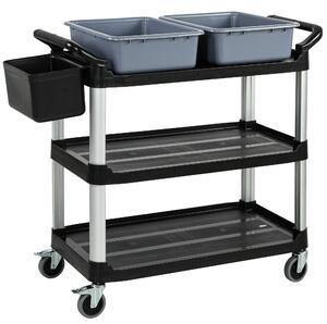 HOMCOM Carrello Pulizie Professionale a 3 Ripiani con 2 Contenitori Rimovibili, Bidone Laterale e 4 Ruote, Nero | Aosom Italy