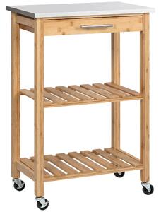 HOMCOM Carrello da Cucina in Bambù, Isola da Cucina con Piano in Acciaio Inox, Cassetto e Mensole a Doghe, Naturale | Aosom Italy
