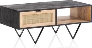 WOHNLING Tavolino da salotto Tavolino in legno massello e rattan 90x45x37cm Tavolino da soggiorno Tavolo