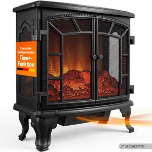 DEUBA® Caminetto Elettrico 2000W Termocamino Luce LED Effetto Fiamma Realistico Stufa Elettrica Camino Nero Doppia Porta
