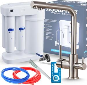 Rubinetto da cucina a 3 vie Ari Venom 1 con collegamento per filtro, doppia canna, girevole, acciaio inox INOX, monocomando