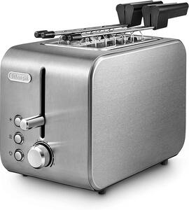 De Longhi Tostapane con pinze 2 Fette Potenza 550 Watt 6 Livelli di Cottura Funzione scongelamento e Cassetto fondo Raccoglibriciole colore Acciaio
