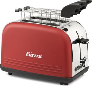 Girmi Tostapane con pinze 2 Fette Potenza 850 Watt 8 Livelli di cottura Funzione scongelamento e Cassetto fondo Raccoglibriciole colore Rosso Inox 
