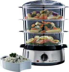 Russell Hobbs Vaporiera Elettrica Cottura a Vapore 3 cestini potenza 800 Watt Colore Nero / Acciaio inossidabile Spegnimento Automatico - 19270-56 