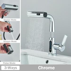 Rubinetto per lavabo - Miscelatore estraibile - Display digitale - 3 tipi di getto: a pioggia/a getto/a spruzzo - Monocomando, montaggio a 1 foro - Caldo/freddo - Giallo