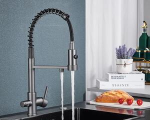 Rubinetto da cucina - Rubinetto con filtro - Doppio beccuccio per acqua filtrata - Caldo/freddo - Doccetta estraibile - Due maniglie - Monoforo, montaggio a filo - Grigio opaco