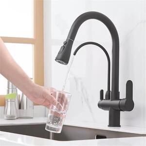 Rubinetto da cucina - Rubinetto estraibile per lavello - Due maniglie - Acqua calda/fredda - Montaggio a foro singolo - Acciaio inossidabile - Cartuccia in Vetroceramica - Orientabile - Nero opaco