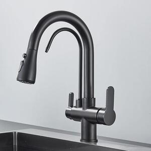 Rubinetto da cucina - Rubinetto a 3 vie con filtro - Doccetta estraibile - Orientabile a 360° - Miscelatore a due manette - Montaggio a incasso a 1 foro - Ottone, cartuccia in Vetroceramica - Nero opaco