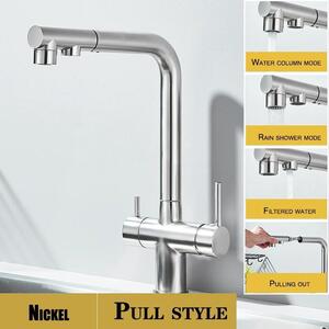 Rubinetto da cucina - Miscelatore estraibile - Acqua calda/fredda, a due manopole, orientabile a 360°, filtro per acqua potabile integrato, montaggio monoforo, acciaio inossidabile - nichel