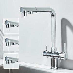 Rubinetto da cucina per lavello - Doccetta estraibile - Orientabile a 360° - Acqua calda e fredda - Miscelatore a due manette - Bocchello con filtro per acqua potabile - Installazione a 1 foro - Ottone, cartuccia in Vetroceramica - Cromo