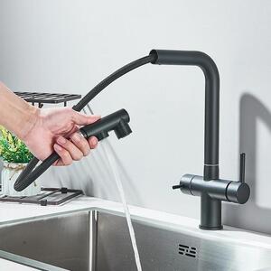 Rubinetto da cucina per acqua filtrata - Miscelatore - Sgancio estensibile - 2 in 1 caldo/freddo - Due maniglie - Cartuccia in Vetroceramica - Ottone massiccio - Montaggio monoforo - Nero opaco