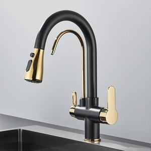 Rubinetto da cucina - Rubinetto a 3 vie per acqua filtrata - Doccetta estraibile - Orientabile a 360° - Doppia maniglia - Montaggio monoforo - Nero/oro