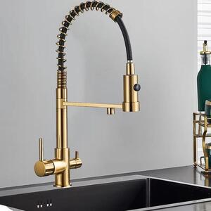 Miscelatore da lavello per acqua filtrata - Miscelatore da cucina a 2 maniglie - Acqua calda/fredda - A scomparsa - Orientabile - Installazione a 2 fori - Acciaio inossidabile - Oro spazzolato