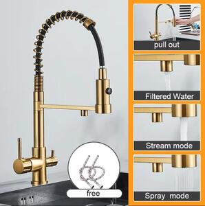 Rubinetto da cucina - Miscelatore a due maniglie - Doccetta estraibile - Monoforo, montaggio a vista - Corpo in ottone, cartuccia in Vetroceramica - Bocca orientabile - Oro spazzolato