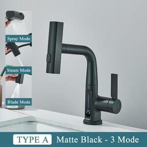 Rubinetteria da bagno - Rubinetto per lavabo - Bocca a cascata - Display digitale della temperatura - Miscelatore monocomando - Montaggio a 1 foro - Cartuccia in Vetroceramica - Ottone - Nero opaco