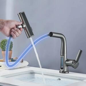 Rubinetto per lavabo da bagno - Rubinetto a cascata - Indicatore digitale della temperatura - Acqua calda/fredda - Montaggio monoforo - Miscelatore monocomando - Grigio canna di fucile
