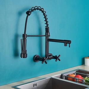 Rubinetto da cucina - Montaggio a parete - Doccetta estraibile - Bocca flessibile a molla - 2 maniglie, 2 fori - Acciaio inossidabile 304 - Cartuccia in Vetroceramica - Acqua calda/fredda - Nero opaco